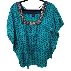 New Calvin Klein Flutter Kaftan Short Sleeve Blouse Geo Loose Embellished Bold M